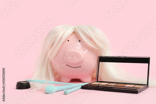 Piggy bank in wig with make...