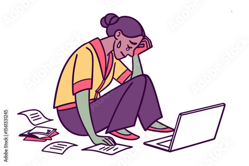 Melancholy & Overwhelmed: A woman's silent struggle captured, depicting the crushing weight of stress amidst scattered paperwork and digital screens, evoking a deep sense of empathy and relatability.