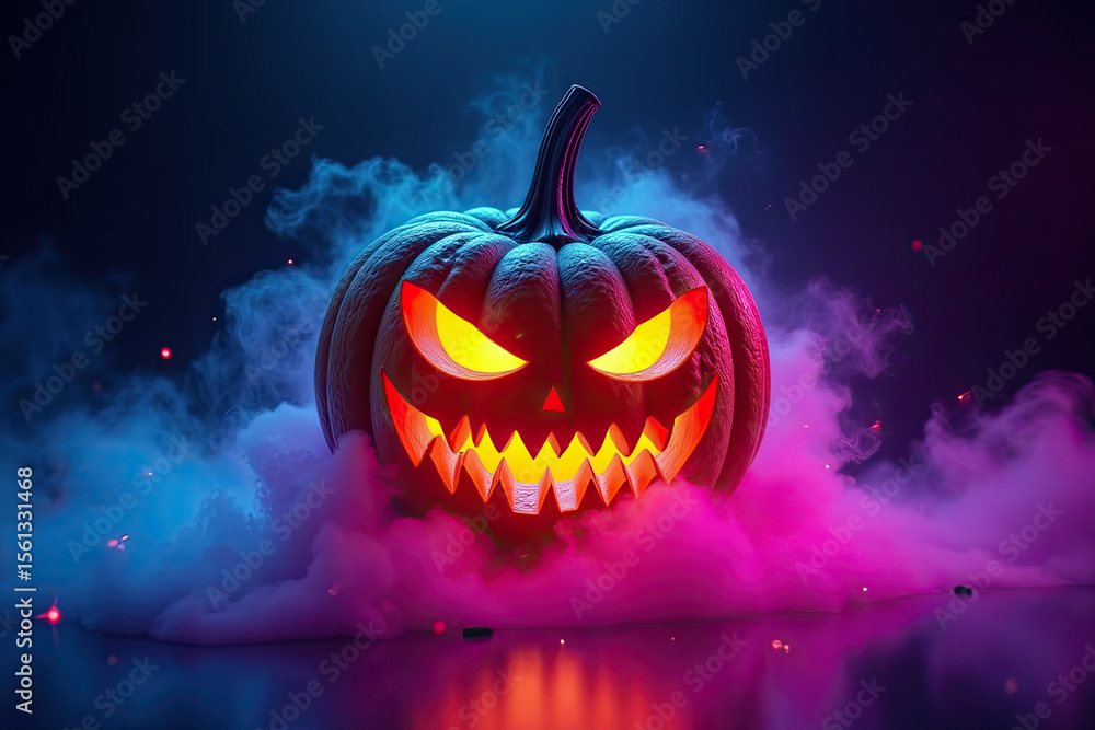 Naklejka premium The background transitions from black through smoky plum to soft teal. Glowing outlines trace the pumpkin's silhouette, creating a soft halo effect. Digital smoke tendrils and subtle sparkle effects f