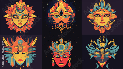 Set of Six Esoteric Art Icons in Vector Illustration