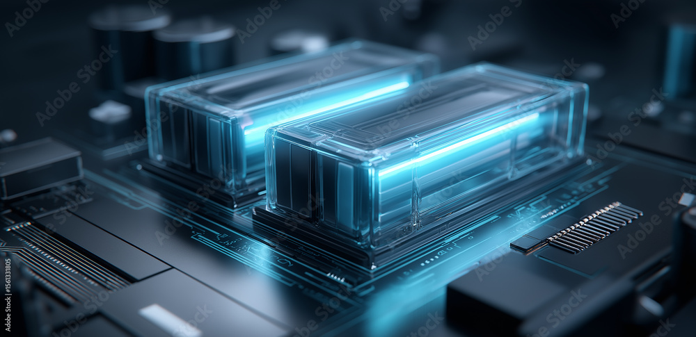 On the circuit board, two blue glowing transparent modules, full of tech vibes, like electronic components with cutting - edge technology On the circuit board, two blue glowing transparent modules, full of tech vibes, like electronic components with cutting - edge technology