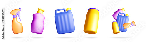3d stock vector illustration set collection of various colorful cleaning bottles for household and hygiene product