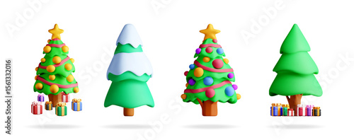 Four 3d Christmas tree illustrations on a white background. Holiday ornament design for a greeting card, banner, poster, or web design.