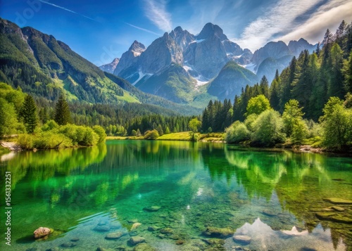 Fototapeta Naklejka Na Ścianę i Meble -  Serene lake surrounded by lush greenery and towering mountains