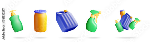 Collection of 3d liquid dish soap bottle, powder cleaner, chemical detergent canister, and spray bottle. Concept of household cleaning supplies.