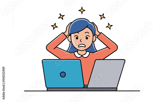 Exhausted by Technology: A person overwhelmed by two laptops, with radiating stars of confusion, embodies the challenges of multitasking and digital overload.
