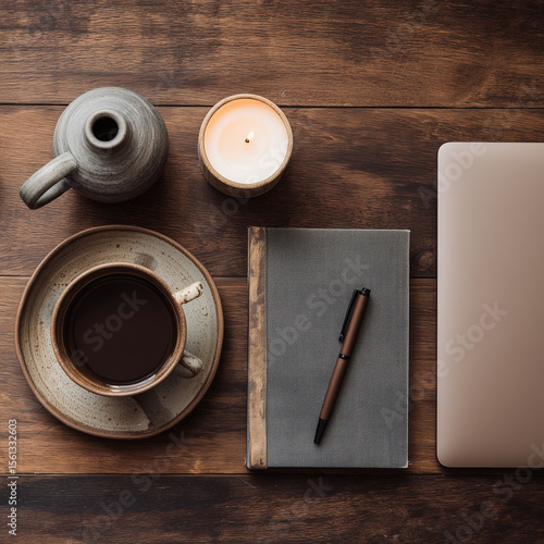 Elegant workspace scene with espresso, ceramic candle, and notebook on warm wood surface. High-end creative desk flat lay.