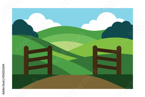 Serene Rolling Hills Landscape Farm Gates Open to Scenic Countryside Views