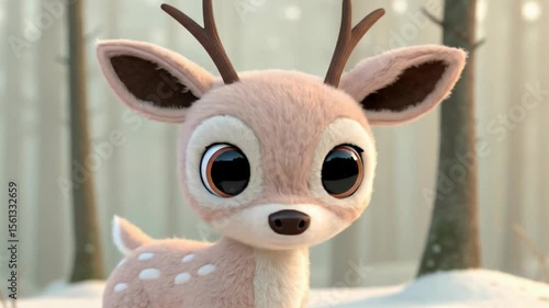 Charming Animated Deer in Enchanted Forest, Nature Illustration, Whimsical Environment, Playful Viewpoint