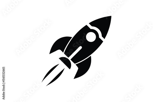 Black and white minimalist rocket ship icon launching upwards, symbolizing rapid growth, innovation, and startup success; perfect for technology, business, and entrepreneurial projects needing a dynam