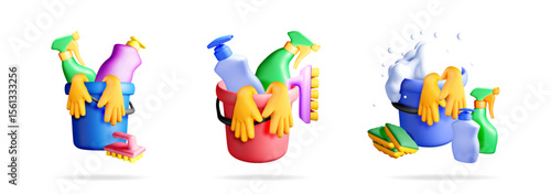 3d cartoon style cleaning set composition with items like a bucket, gloves, and bottles for house chore concept.