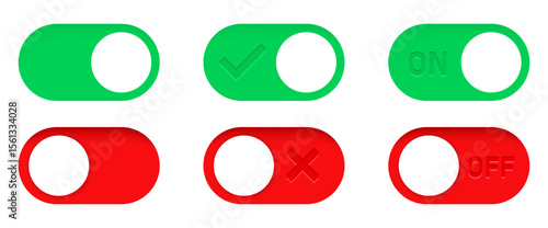 On and Off toggle switch buttons. Switch toggle buttons ON OFF. Material design switch buttons set. Vector illustration.