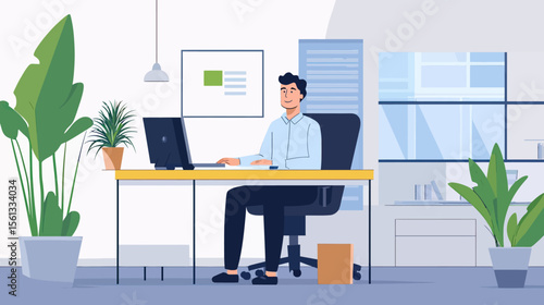 Young man working at office desk with computer surrounded by modern indoor plants and minimalist decor in bright workspace vector illustration