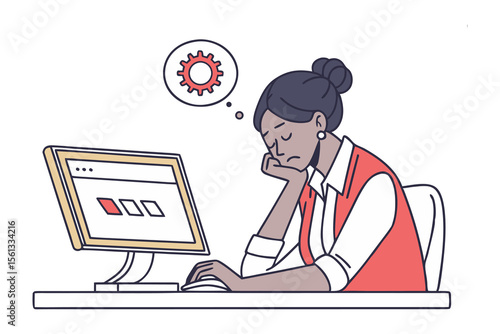 Exhausted at Work: A disheartened individual, burdened by computer troubles, finds solace in a contemplative moment as their attention wanders towards the image of a cogwheel and gear.