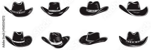 Set of eight black and white cowboy hats icons in flat minimalist style with various brim shapes and decorative hat bands for western themes and country fashion design elements collection