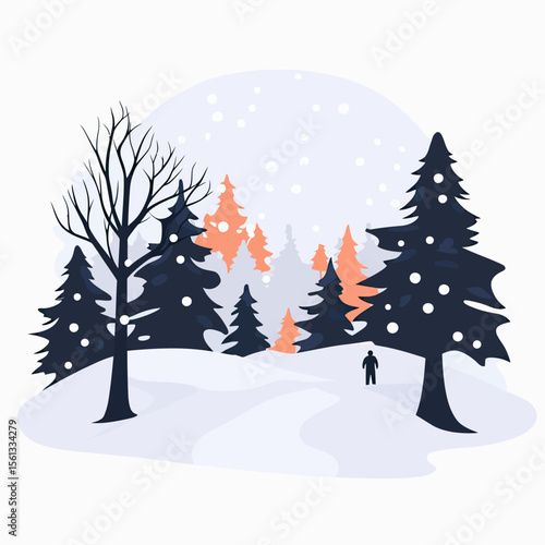 Minimalist winter landscape with snow-covered pine trees, bare tree, and lone human figure in snowy forest background