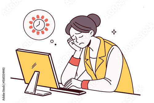 Fatigue and Overwhelm: A woman slumps over her workstation, her expression one of weariness and strain, as a clock graphic floats above.