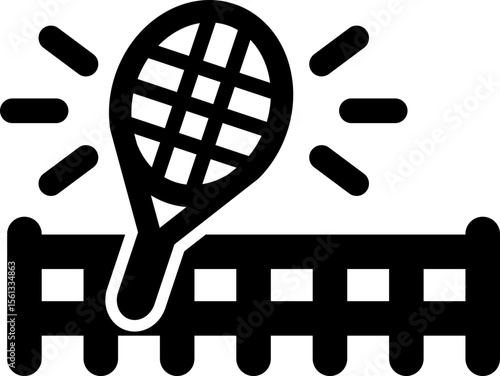 Icon of a tennis racket placed over a court net.