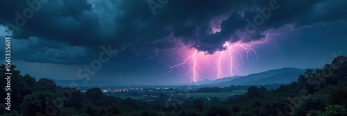 Fierce Night Storm Torrential Rain, Lightning, and Dark Clouds Unleash Natures Fury over a Dramatic Landscape