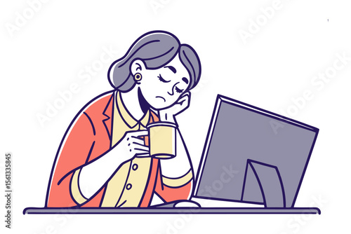 Office Weary: Illustration of office fatigue, the depiction of a tired woman slumped over her desk, the perfect visual for conveying feelings of workplace stress.