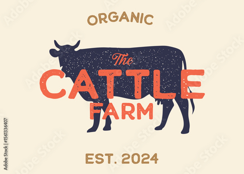 Cow or Cattle Farm with Cow Silhouette Vintage Retro Background. Ideal for branding organic farms, local produce markets, homesteading, animal husbandry, or artisanal food packaging.