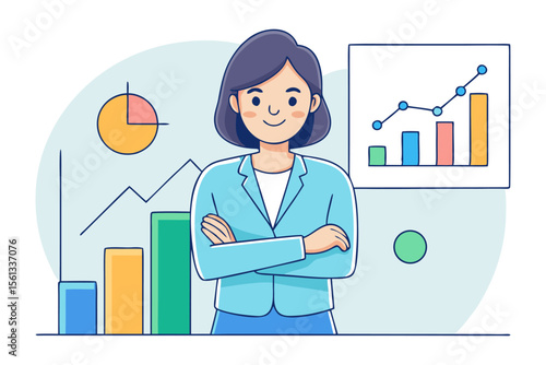 Financial Strategist's Vision: A confident woman with crossed arms stands before vibrant charts and graphs, embodying the essence of strategic business analysis, data insights.