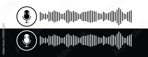 Microphone icon with sound waves. Radio microphone and sound wave. Podcast, voice recording, online concert, studio recording concept icon
