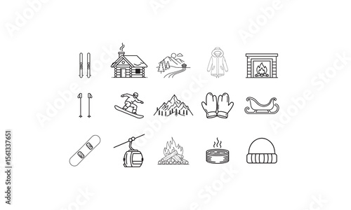 Winter cabin and sports equipment icons skiing snowboarding