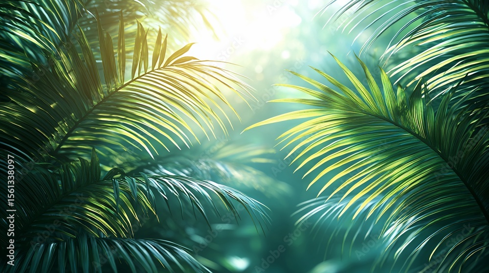 Fototapeta premium Tropical Palm Leaves Sunlight Forest Background
