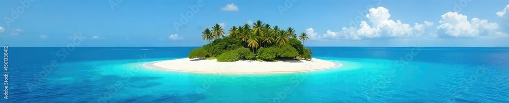 Fototapeta premium Serene Escape Solitary Island in Turquoise Ocean, Pristine Beach, Tranquil Sunlight