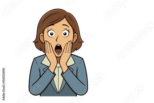 Surprised Woman in Illustration: A surprised woman in professional attire, her eyes wide and mouth agape, expressing shock, amazement, or disbelief against a simple backdrop.