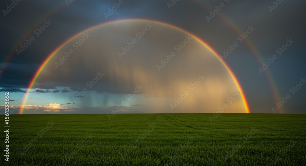 Spectacular countryside vista with double rainbow arching over verdant farmland under moody skies Spectacular countryside vista with double rainbow arching over verdant farmland under moody skies