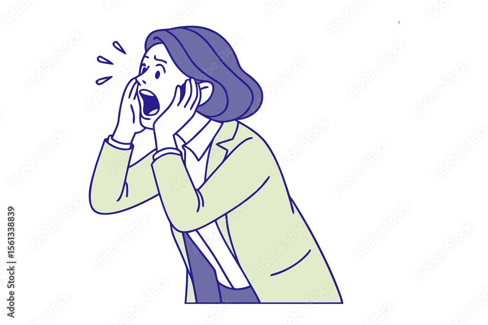 Woman Shouting in Distress: A vector illustration captures the intense emotion of a woman shouting, hands to her face, conveying surprise and alarm, set against an isolated background. Woman Shouting in Distress: A vector illustration captures the intense emotion of a woman shouting, hands to her face, conveying surprise and alarm, set against an isolated background.