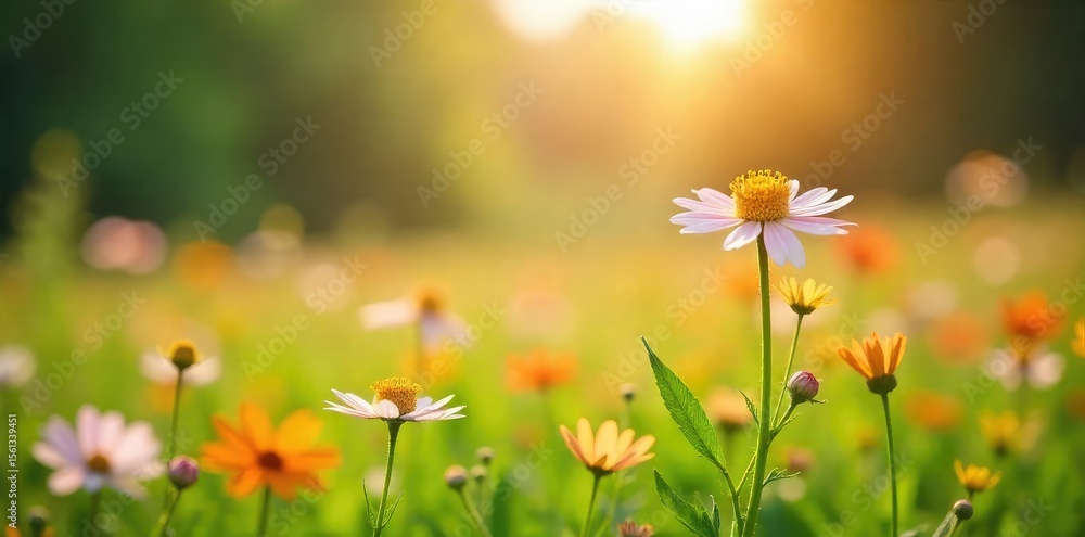 Fototapeta premium Serene Wildflower Meadow Sun-Drenched Flowers Gently Swaying in a Summer Breeze, Embodying Peaceful Natures Beauty
