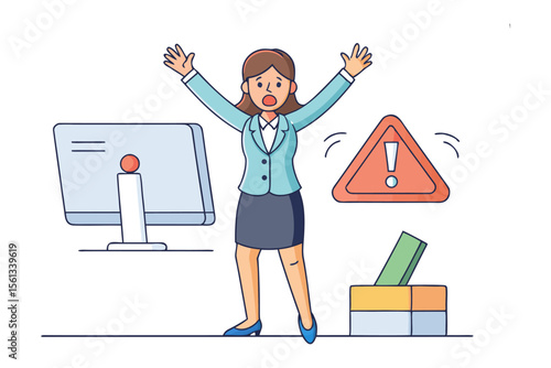 Frustrated Office Crisis: Depicts a business woman overwhelmed by work, her arms raised in disbelief as a computer and error message highlight the stress of a demanding corporate environment.