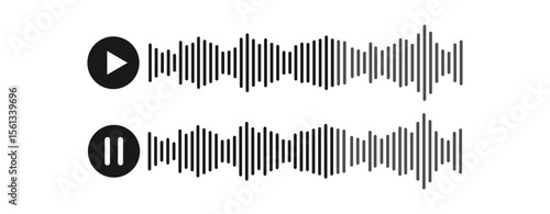 Sound Wave Icons with Play and Pause Symbols – Minimal Audio Waveform, voice message waveform Vector for Music, Voice, and Media Interface.