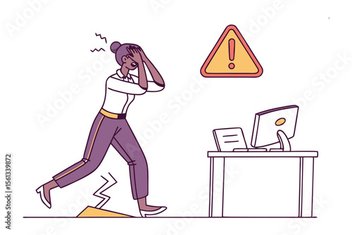 Warning in Workspace: Anxious woman encounters a hazard in an office environment, facing work-related difficulties, emphasized by a caution sign and computer desk.
