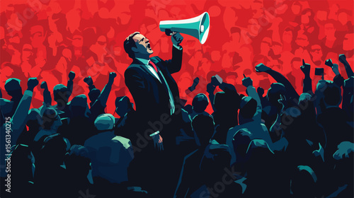 Confident candidate man speaks with megaphone in flat vector illustration