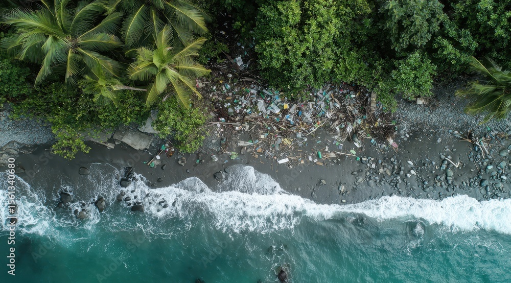 Fototapeta premium Aerial view of a polluted beach. Lush tropical vegetation meets a dark gray sandy beach littered with plastic waste, washing towards the ocean's edge