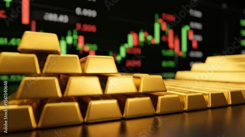gold bars trading, Shiny gold bullion stacked in front of rising market graph representing precious metal investment stock exchange and financial economy growth