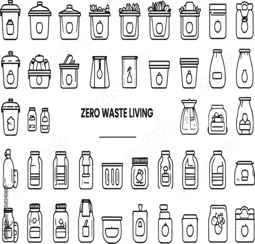Line art icons showcasing various containers for zero waste living and sustainable lifestyle practices