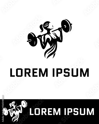 A bold black and white fitness logo depicting a strong woman lifting a barbell