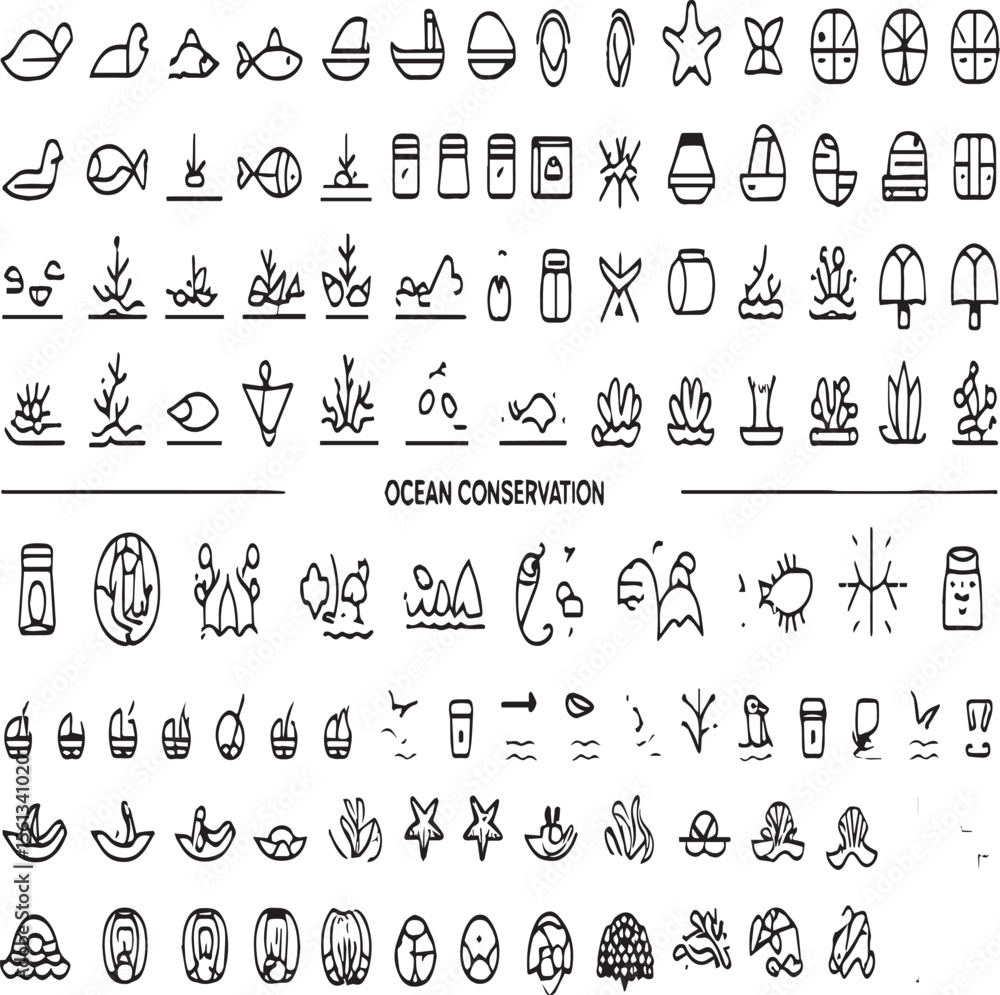 Collection of line art icons depicting ocean life and conservation efforts in a grid layout Collection of line art icons depicting ocean life and conservation efforts in a grid layout