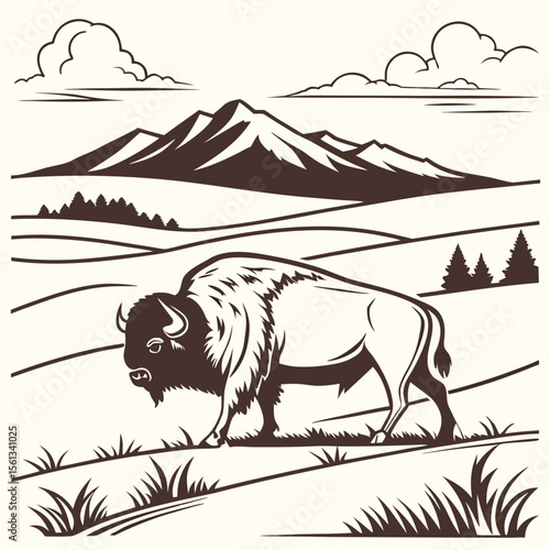 Majestic bison roaming through rolling hills under mountain landscape