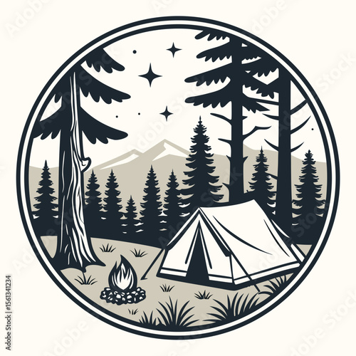 Circular emblem of a campsite with tent campfire forest and mountains under stars