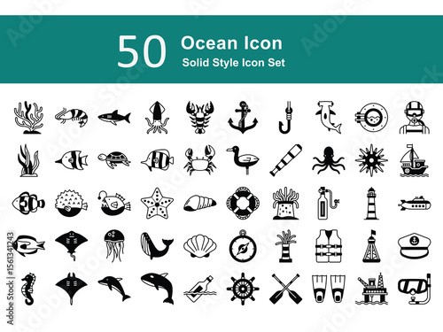 Marine Solid Icons – Sea Animals, Boats, Diving, and Nautical Elements. Ocean Illustration Set