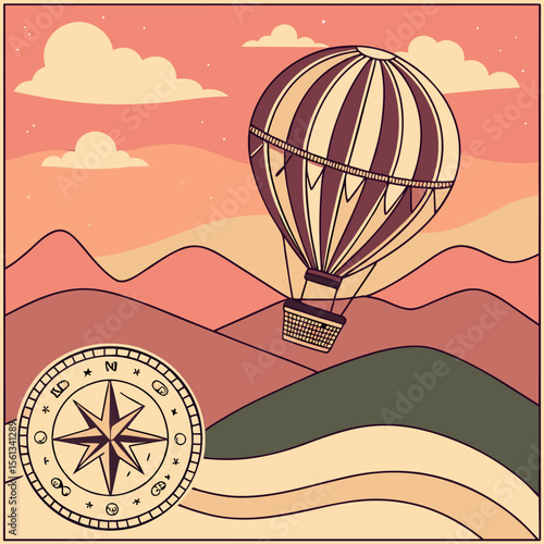 Hot air balloon floats over rolling hills with a compass in the foreground