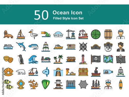 Marine Filled Icons – Sea Animals, Boats, Diving, and Nautical Elements. Ocean Illustration Set