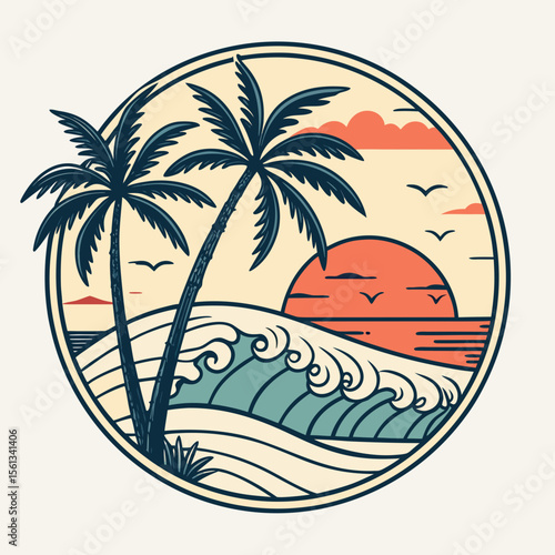 Stylized tropical sunset scene with palm trees and crashing waves in circle