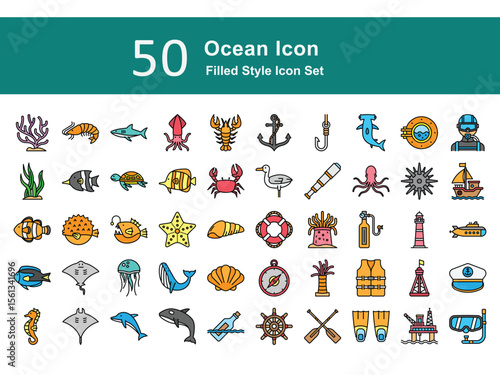 Marine Filled Icons – Sea Animals, Boats, Diving, and Nautical Elements. Ocean Illustration Set